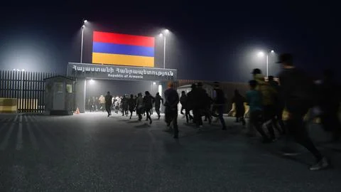 People run through the border checkpoint gate to Republic of Armenia - 3D ren Stock Illustration