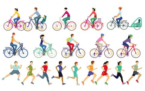 People running and cycling while doing sports Stock Illustration