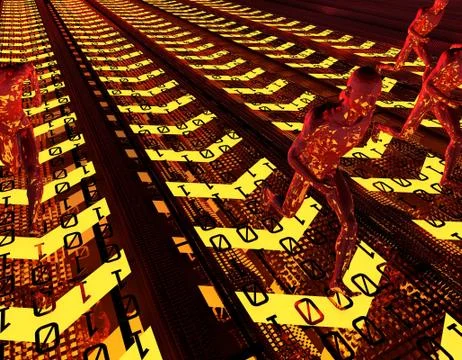 People running on digital arrows, network data transmission Stock Illustration