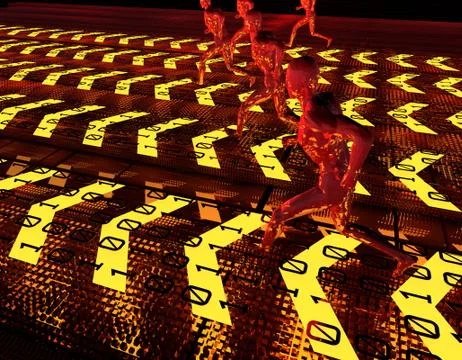 People running on digital arrows, network data transmission Stock Illustration