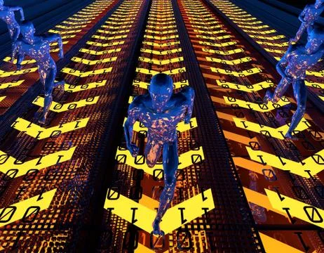 People running on digital arrows, network data transmission Stock Illustration