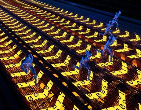 People running on digital arrows, network data transmission Illustrazione stock