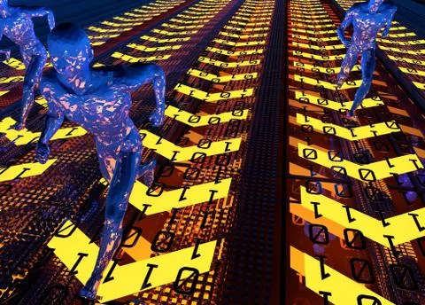 People running on digital arrows, network data transmission Stock Illustration
