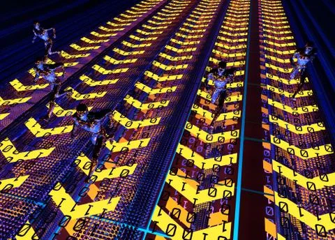 People running on digital arrows, network data transmission Illustrazione stock