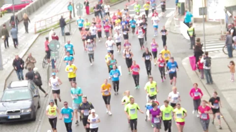 People running at half Marathon event, high angled and wide shot Stock Footage 36990110