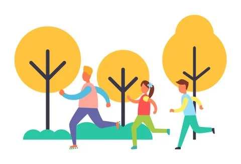 People Running in Park Set, Vector Cartoon Icon Ilustração Stock