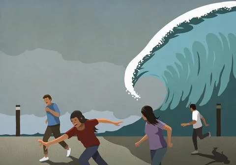 People running from tidal wave Stock Illustration