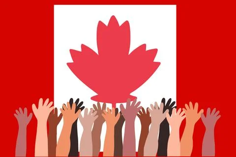 People s hands on the background of the flag of Canada. Canada Day Stock Illustration