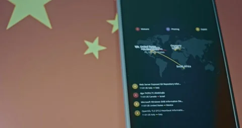 People s Republic of China as source of cyber attacks, live map and Flag of Stock Footage 310845459