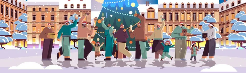 People in santa hats with gifts and champagne celebrating new year christmas Stock Illustration