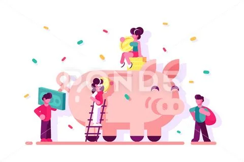 People saving money in piggy bank Stock Illustration
