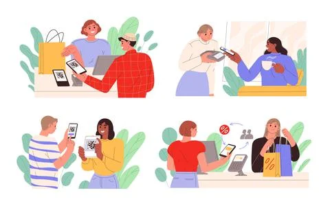 People scan the QR codes pay with cashless smartphones. Stock Illustration