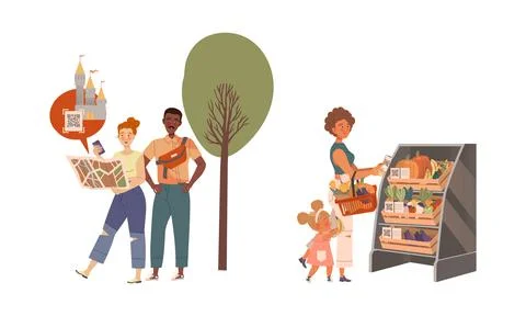 People scanning qr code for buying excursion and paying at store. People paying Illustrazione stock