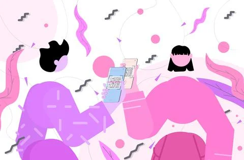 People scanning QR code on smartphone screens electronic digital technology Illustrazione stock