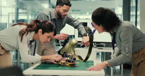 People, science and design in lab for prosthetic leg, blade and running with Stock Footage 283591729