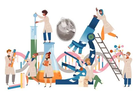 People Scientist with Huge Microscope and Glass Flask Conducting Scientific Stock Illustration