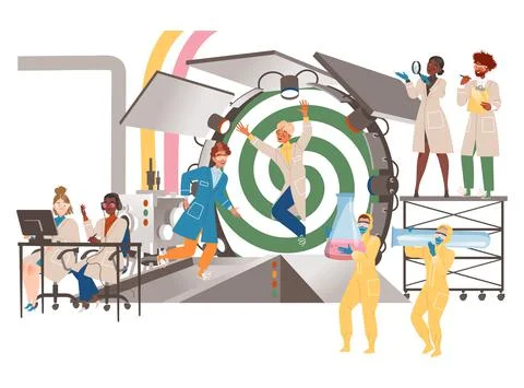 People Scientist with Huge Microscope and Time Machine Conducting Scientific Stock Illustration
