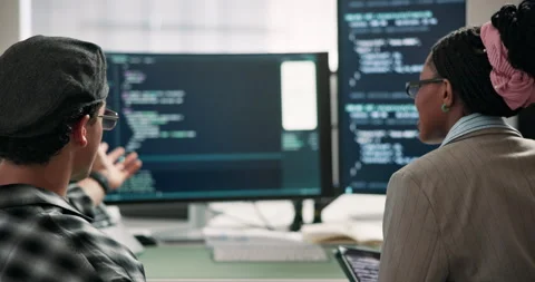 People, screen and computer in office for programming, code and update firewall Stock Footage 346875140