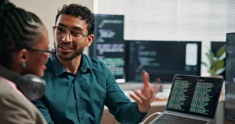 People, screen and internship for programming in office, explaining code and Stock Footage 346957935