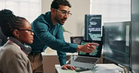 People, screen and training for coding in office, programming internship and Stock Footage 346948405