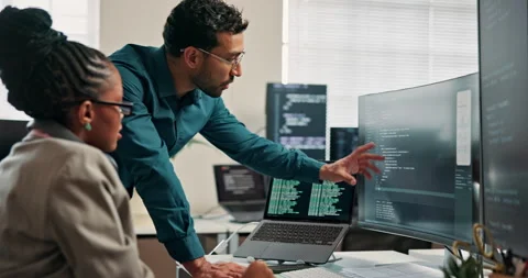 People, screen and training for programming in office, coding internship and Stock Footage 346957333