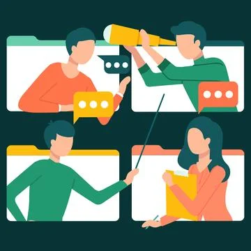 People on screen communicate, look for information and interlocutor. Talk bubble Stock Illustration
