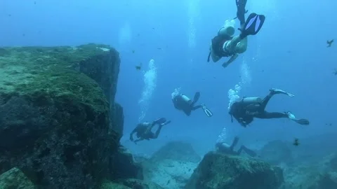People scuba diving through rocks in Fernando de Noronha 스톡 동영상 172220209