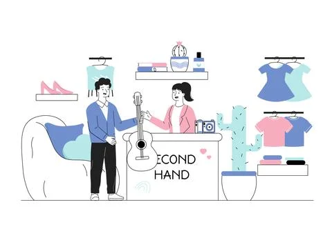 People in second hand. Man buys guitar from woman seller. Flea market and bazaar Stock Illustration