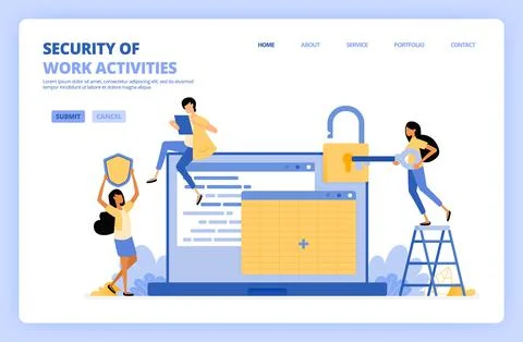 People secure job data on spreadsheets. Woman holding key to open security pa Stock Illustration