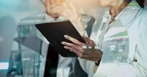 People, security and hands with tablet for surveillance monitoring, discuss.. Stock Photos