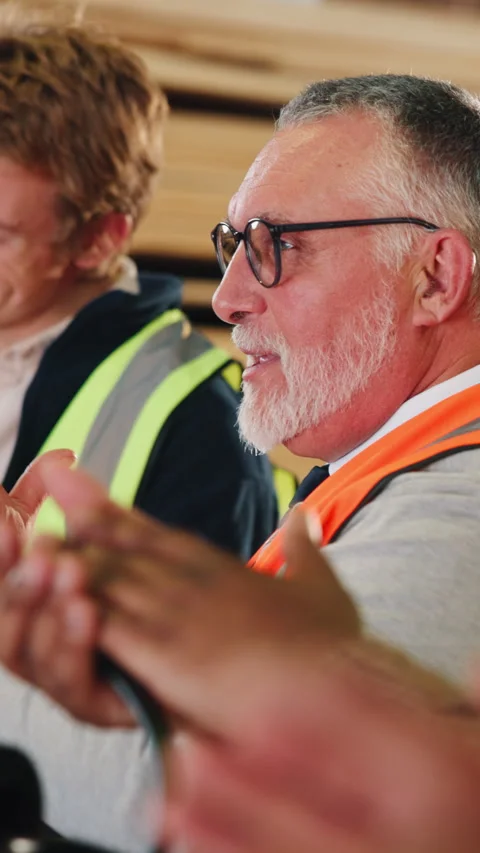 People, seminar and carpenter workshop with applause for presentation, wood Stock Footage 343817639