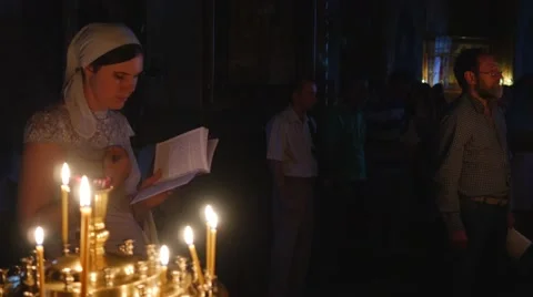 People at Service Trinity Jonah's Monastery Celebration of Mary Dormition Kiev Stock Footage 58001368