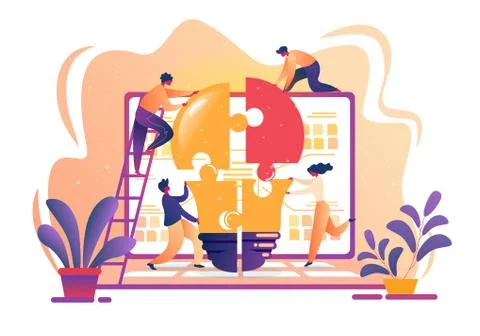 People Set Up Huge Light Bulb of Puzzlle Pieces. Stock Illustration