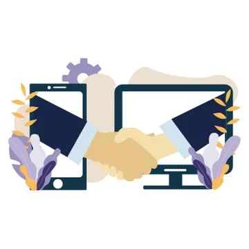 People shaking hands through computer and mobile phone screens. Handshake Stock Illustration