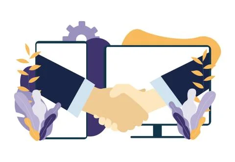 People shaking hands through computer and mobile phone screens. Handshake, te Stock Illustration