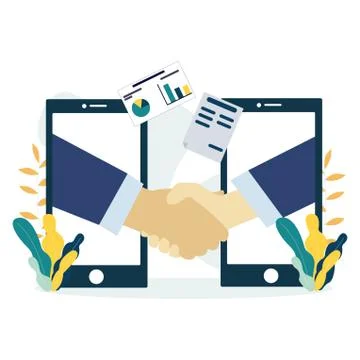 People shaking hands through mobile phone screens. Handshake, partnership or Stock Illustration