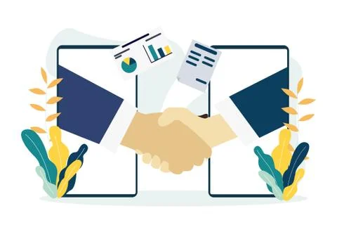 People shaking hands through mobile phone screens. Handshake, partnership or  Stock Illustration