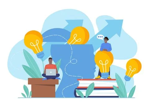 People sharing ideas. Workers with huge light bulbs. Brainstorming Stock Illustration