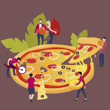 People sharing pizza dinner. Vector illustration. Tasty fast food Stock Illustration