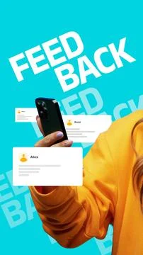 People sharing their feedback using smartphones on a blue background Stock Photos