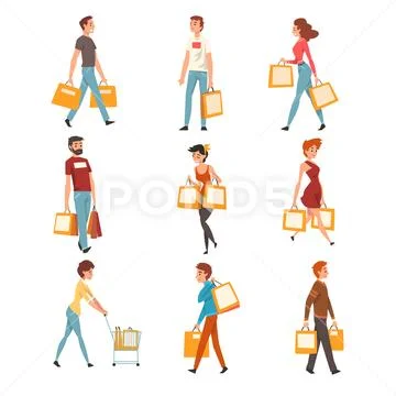 People with shopping bags set, young men and women enjoying shopping and Stock Illustration