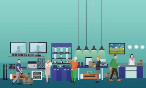 People shopping in a mall. Consumer electronics store Interior vector Illustrazione stock