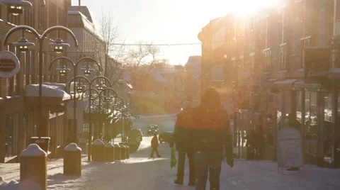 People shopping in a small town in Sweden in Christmas season Stock Footage