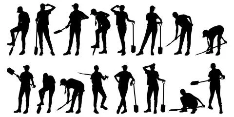 People silhouettes performing various tasks with shovels, representing hard.. Stock Illustration