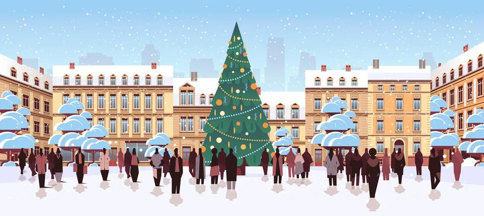 People silhouettes walking near decorated christmas tree on city street new year Stock Illustration
