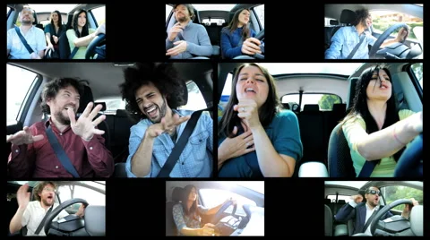 People singing and dancing while driving car split-screen montage Stock Footage 40915740