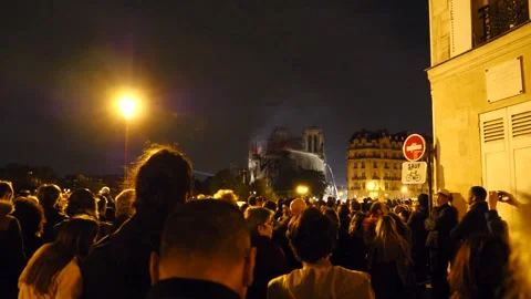 People is singing in front of Notre Dame burning at night. Stock Footage 291820756