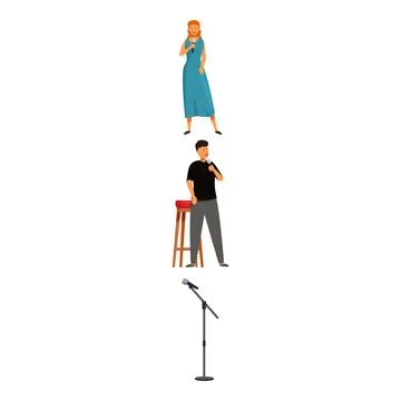 People singing or speaking using microphones standing near high stool and m.. Stock Illustration