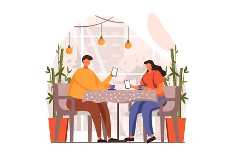 People sit in gadgets web concept in flat design. Man and woman scroll feeds and Illustrazione stock