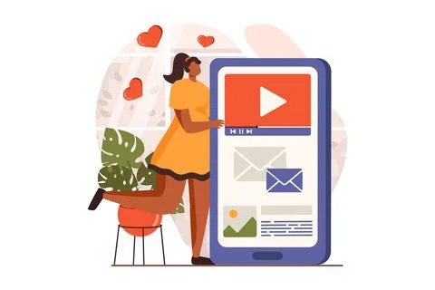 People sit in gadgets web concept in flat design. Happy woman browsing sites Stock Illustration